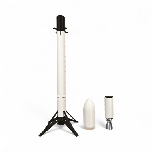 3D-printed Falcon 9 rocket model on display stand by Skyforge Printworks